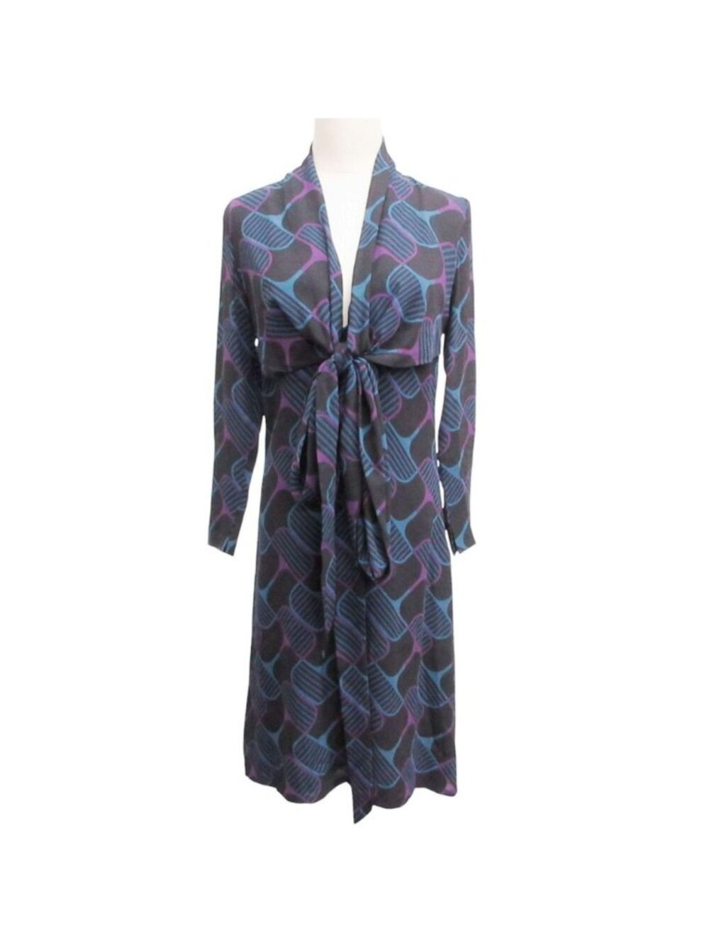 Gucci Dress Silk 100% Bow Tie Ribbon All Over Print Long Sleeve Below Knee Black
